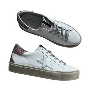 Shu Shop Reba Pink Glitter Sneakers Platform Silver Star Distressed Shoes Sz 8.5